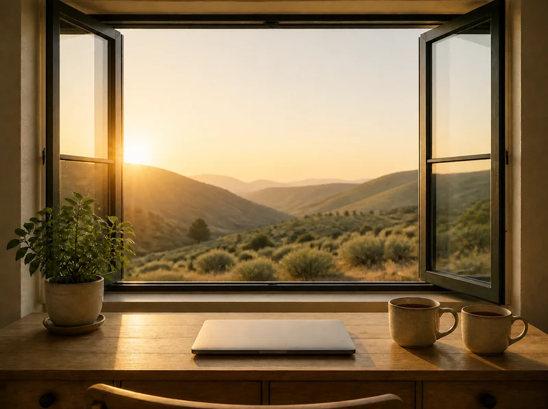 The same desk in warm golden afternoon light, with two cups of tea side by side