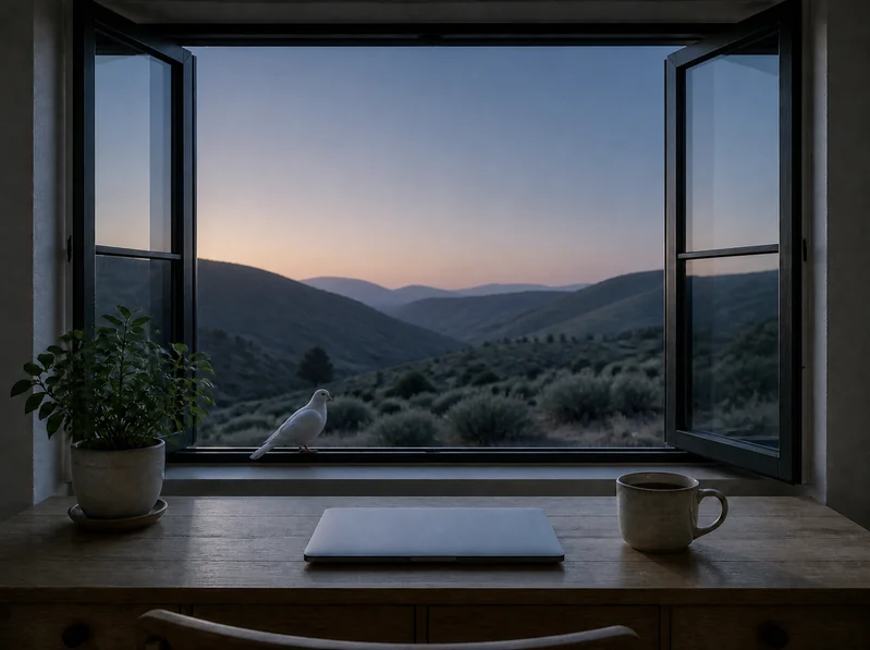 The same desk at dusk in soft blue light, with a white dove resting on the window sill