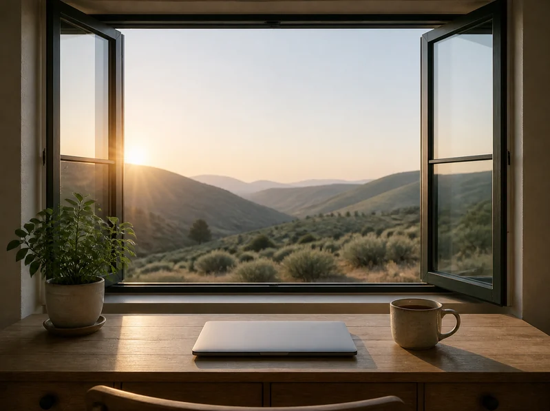 A quiet desk by an open window in clear morning sunlight